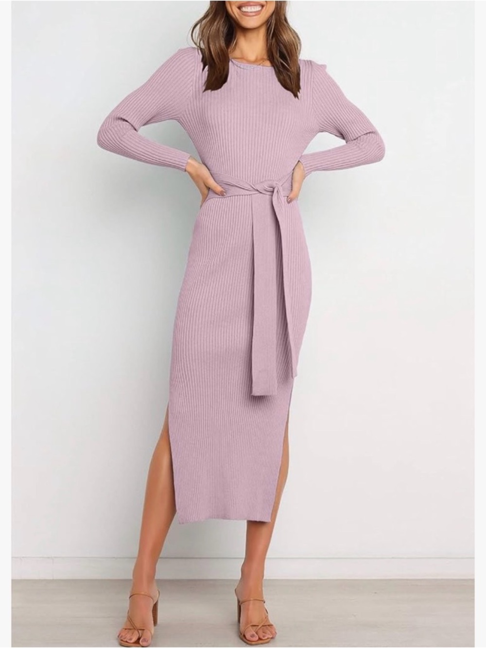 ANRABESS Ribbed Knit Midi Dress Mauve Pink Long Sleeve Tie Waist Slit Small